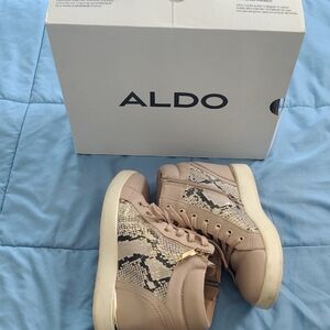 ALDO Taupe and Snake-Print High-Top Wedge Sneakers